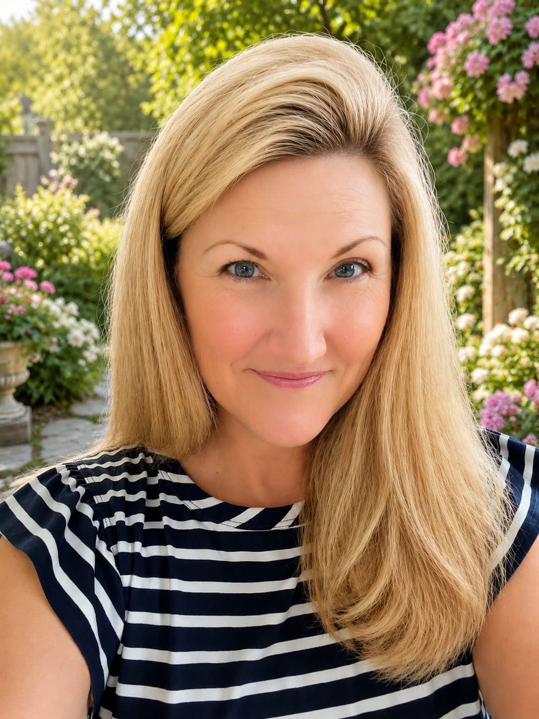 Woman with straight blonde hair in a black and white striped shirt smiles outdoors, surrounded by blooming flowers and greenery on a sunny day.