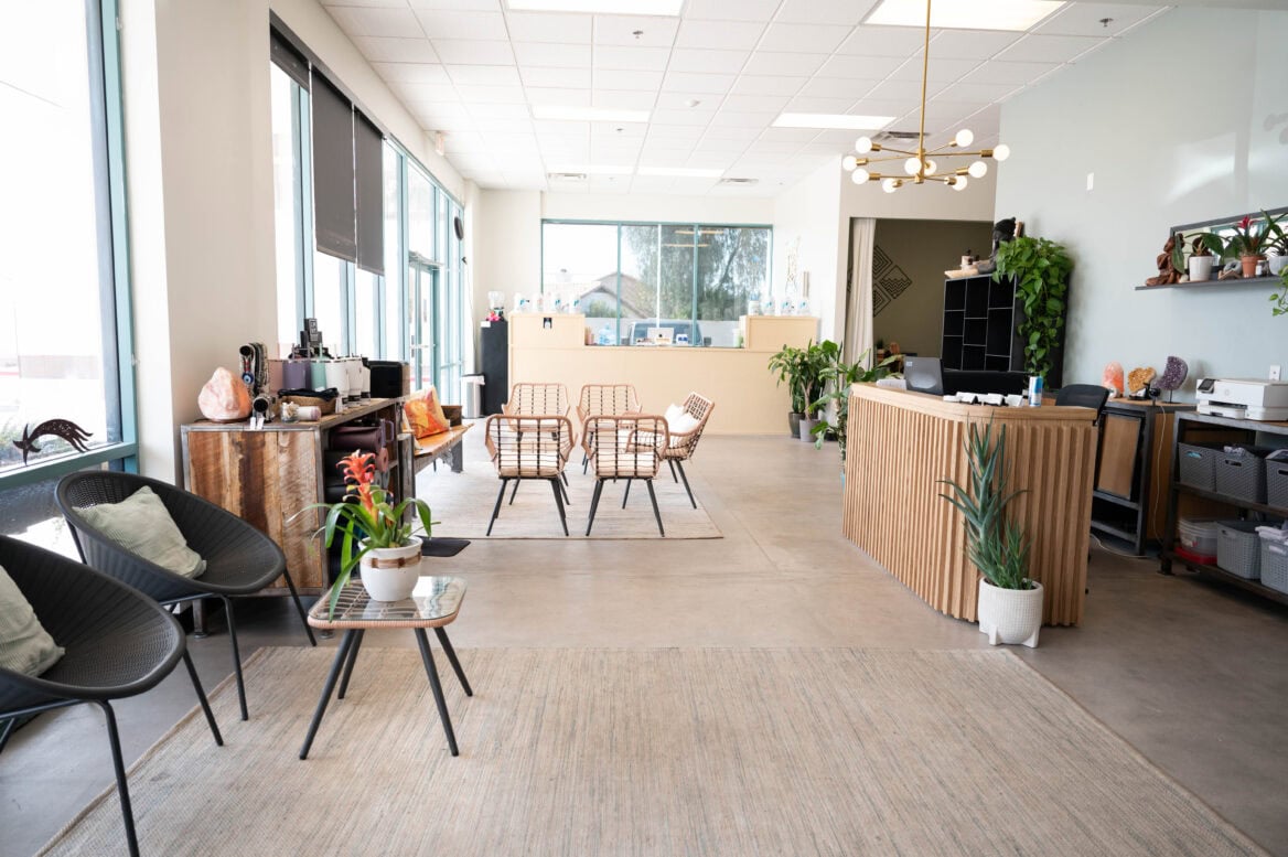 Modern waiting area with chairs, a reception desk, and plants. Large windows let in natural light, and shelves hold decorative items and office equipment.