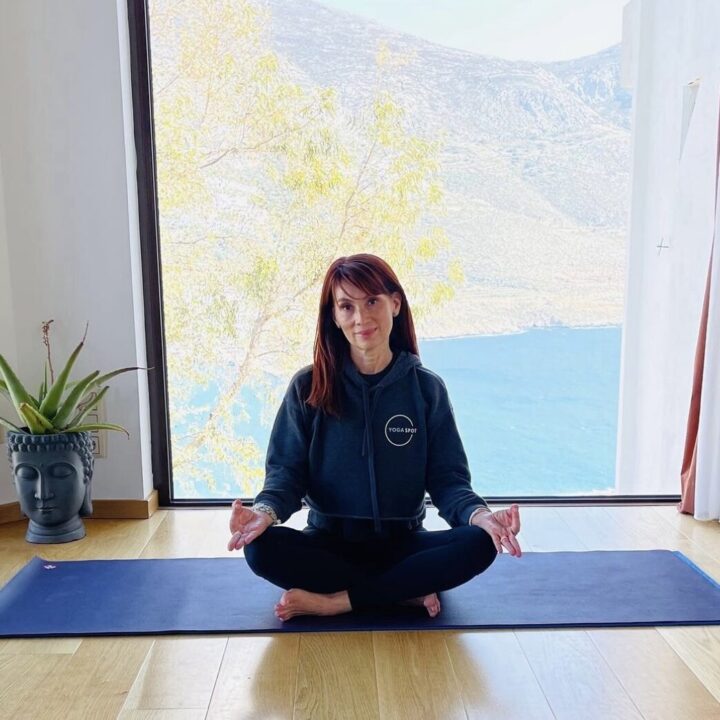 Person sitting cross-legged on a yoga mat in front of a large window with a scenic view of mountains and water. A potted plant and a decorative head statue are nearby.