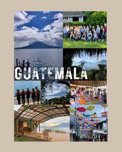 Collage of photos from Guatemala featuring volcanoes, a group of people, lakeside views, a market with colorful umbrellas, and scenic landscapes.