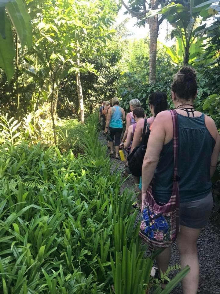 A group of people walk in single file along a narrow, lush, tropical pathway surrounded by dense green foliage.