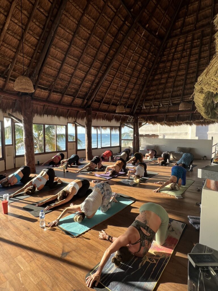 A group of people practicing yoga on mats in a spacious room with a thatched roof. Palm trees and the sea are visible through the windows.