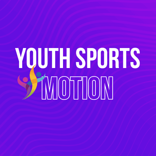 Youth Sports Motion logo with dynamic sports figures on vibrant purple background.