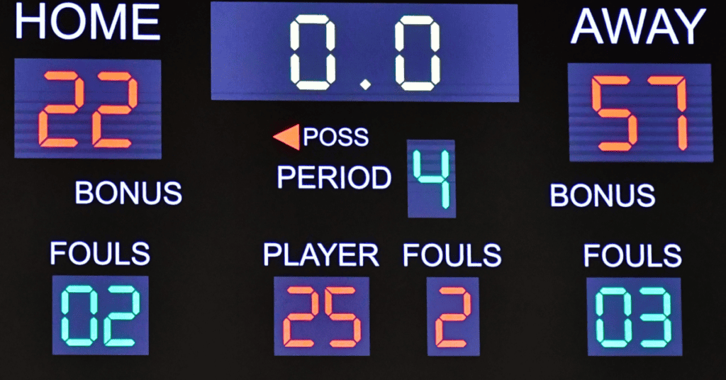 Digital basketball scoreboard showing scores, fouls, and game time.