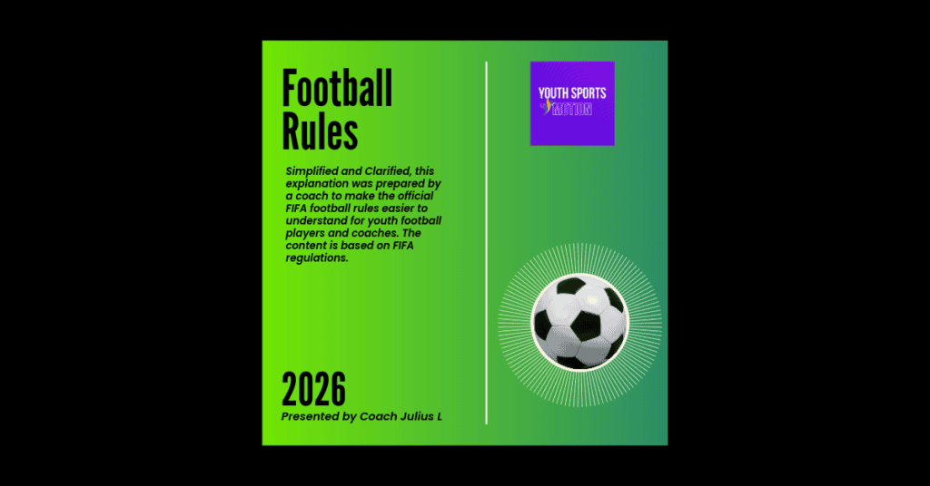 Youth football rules explained with a soccer ball and vibrant green background.