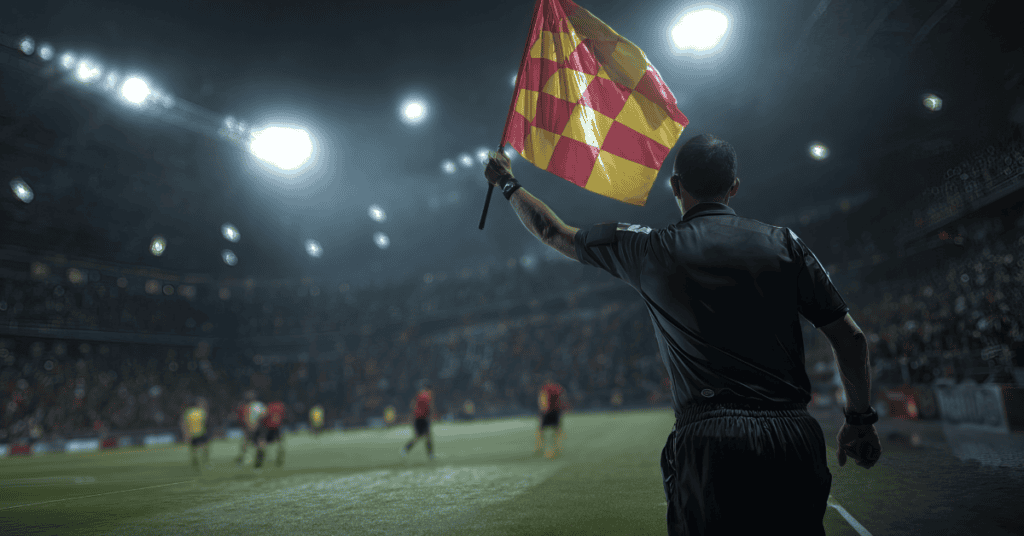 Referee signaling with flag during a football game at night.