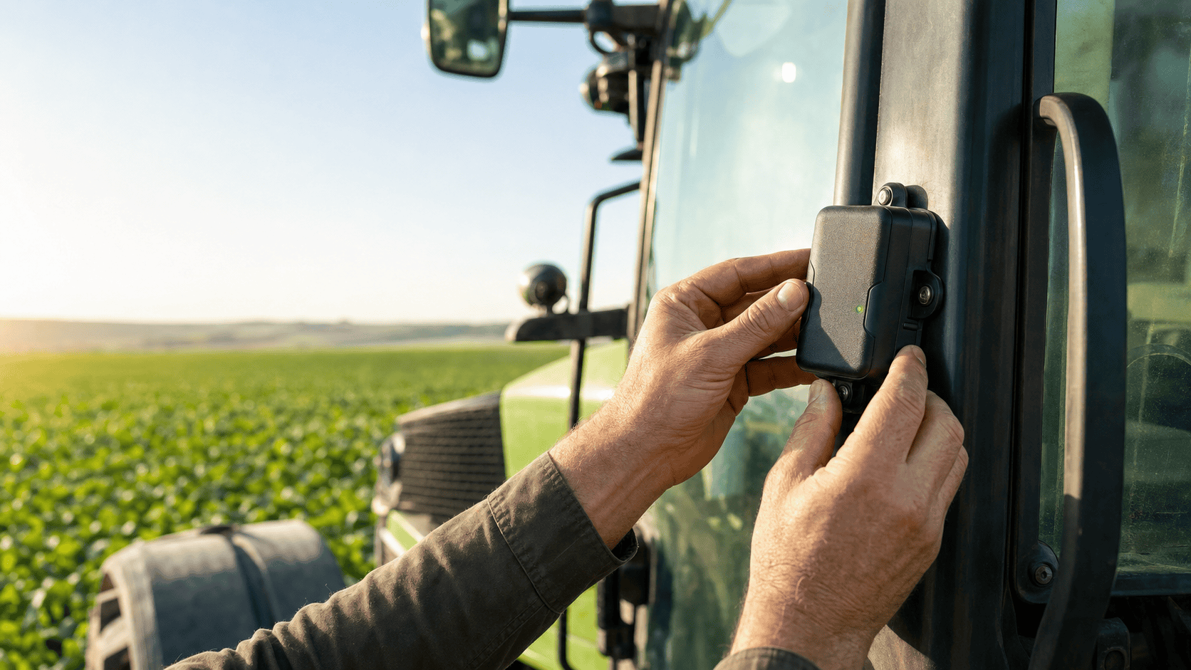 Tehnician care instalează un dispozitiv GPS de monitorizare pe un tractor aflat într-un câmp agricol.