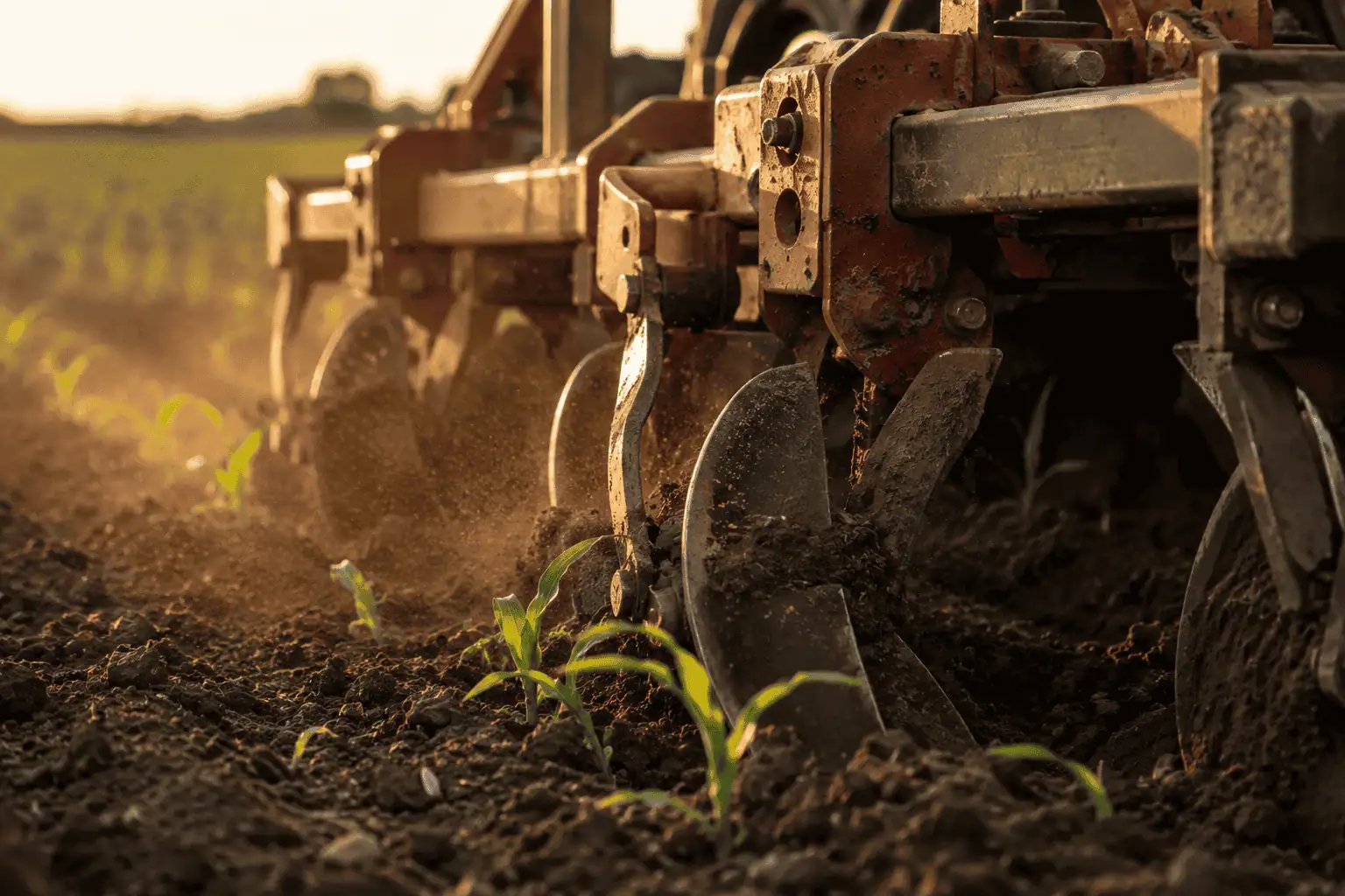 Utilaj agricol care lucrează solul pe un câmp cu plante tinere.