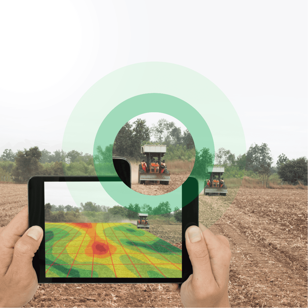 Farmer using tablet with drone monitoring farmland and crop health.