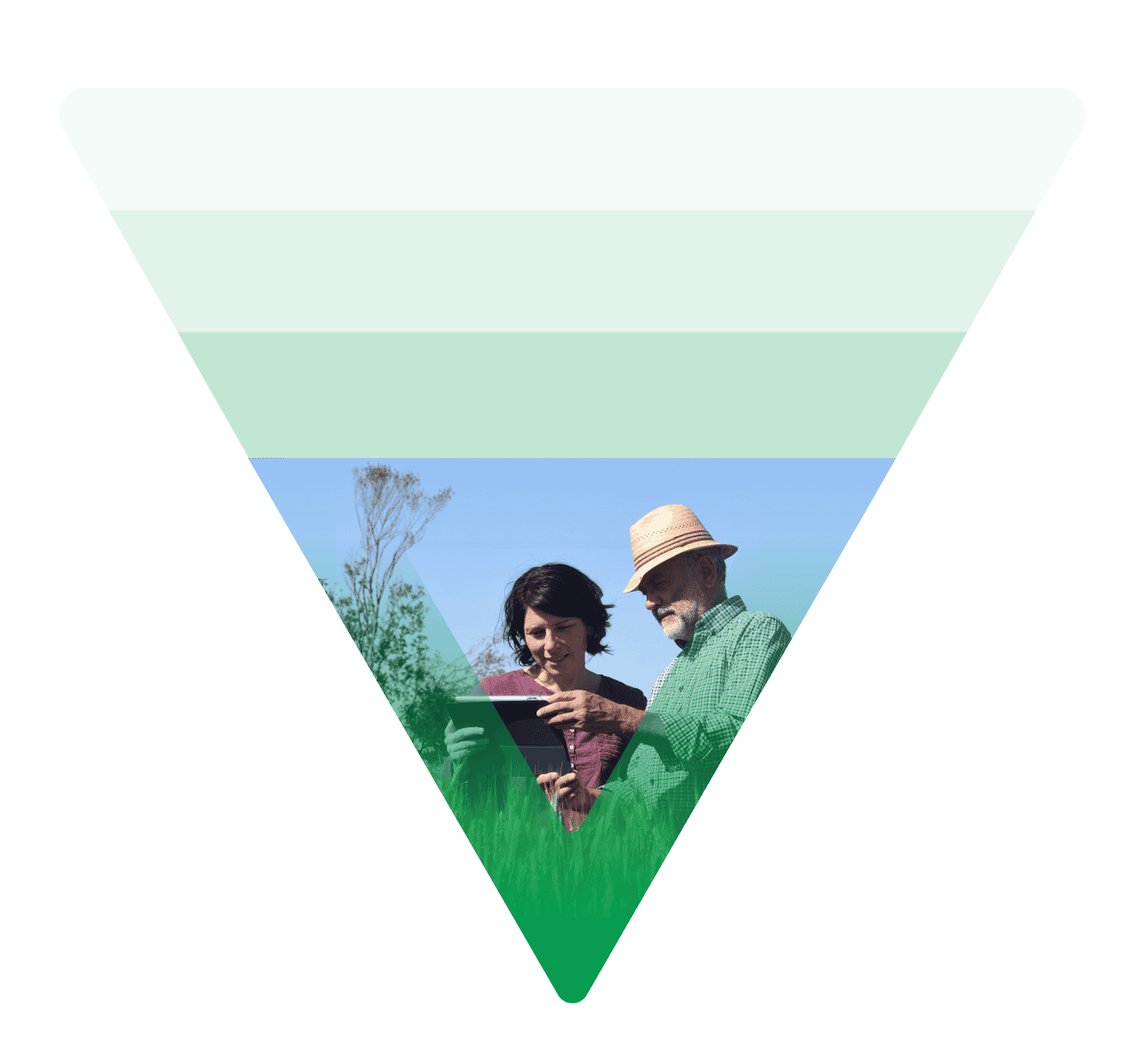 Farmer and technician analyzing agricultural data on tablet.
