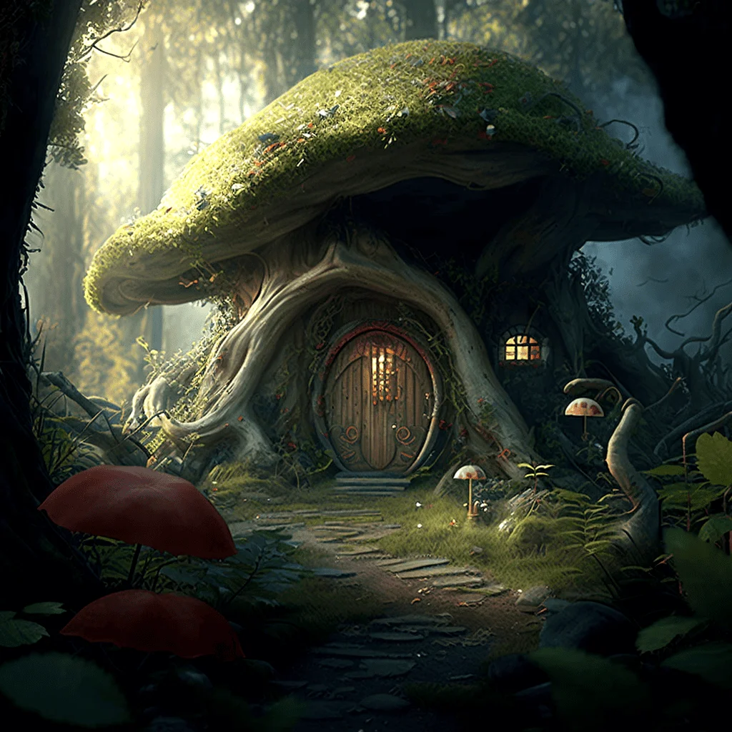 Magical mushroom-shaped house in a lush forest setting, illuminated at dusk.