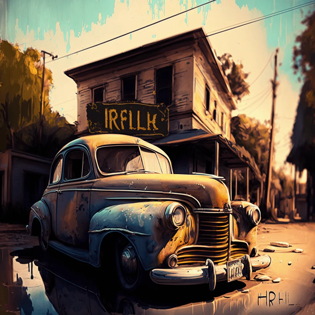 Vintage car and rustic building in a nostalgic, weathered setting.