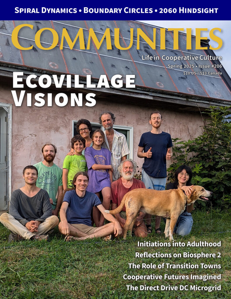 Group of diverse people with a dog in front of an eco-friendly house.