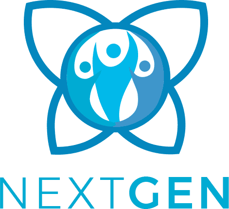 NextGen logo with a stylised flower and human figures in blue and white.