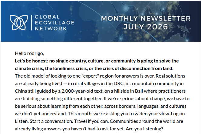 Global Ecovillage Network newsletter cover with logo and July 2026 date.