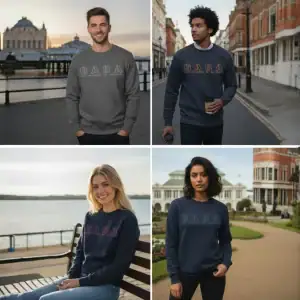 Stylish navy sweatshirt featuring GABA logo, perfect for casual wear.