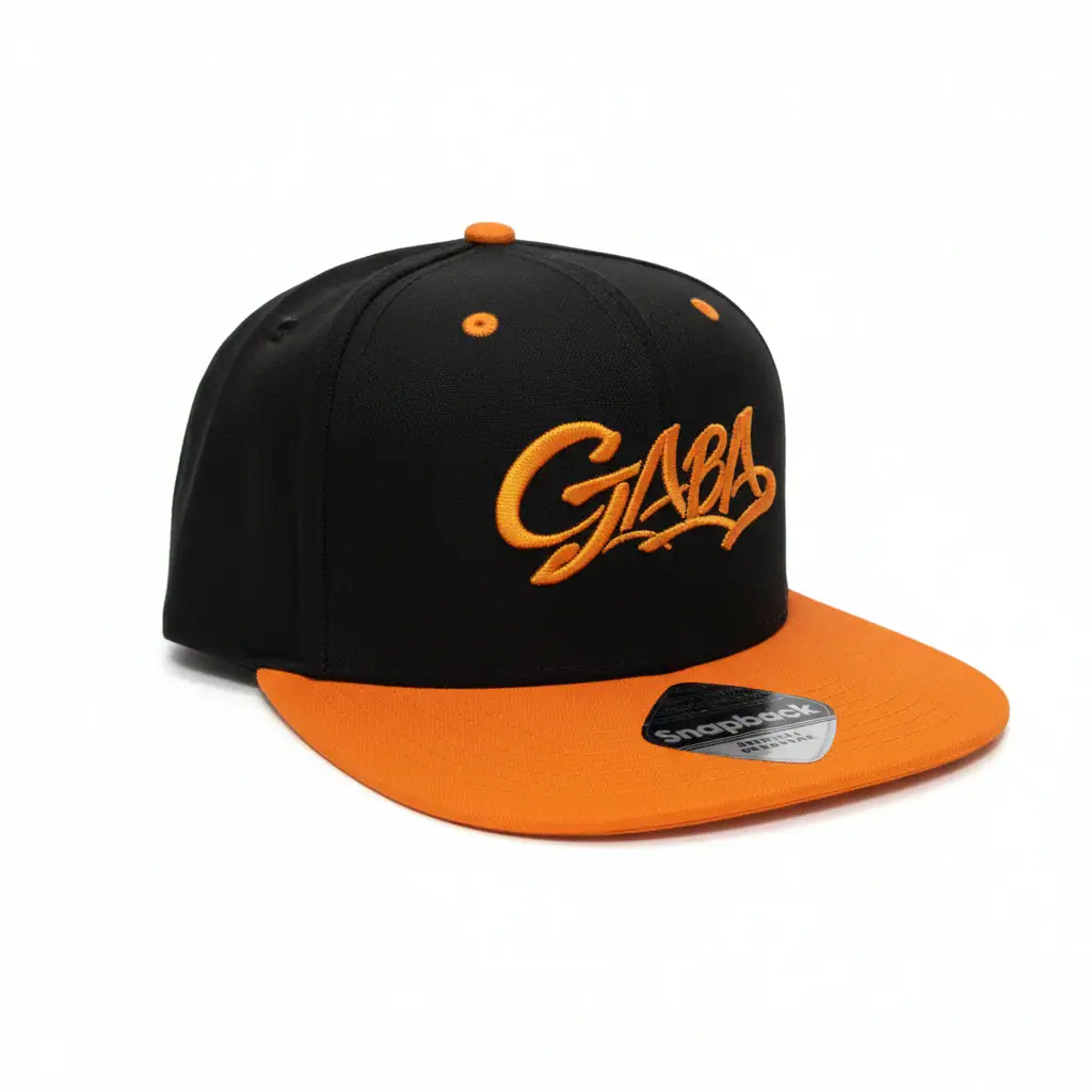 Black and orange 5-panel snapback cap with GABA logo, stylish and adjustable.