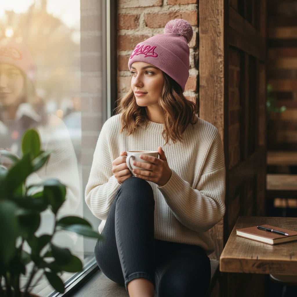 Beige and pink two-tone pom beanie by GABA Clothing. Stylish winter accessory for warmth and fashion.