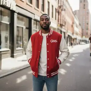 Man wearing a red and cream kids varsity jacket on city street.