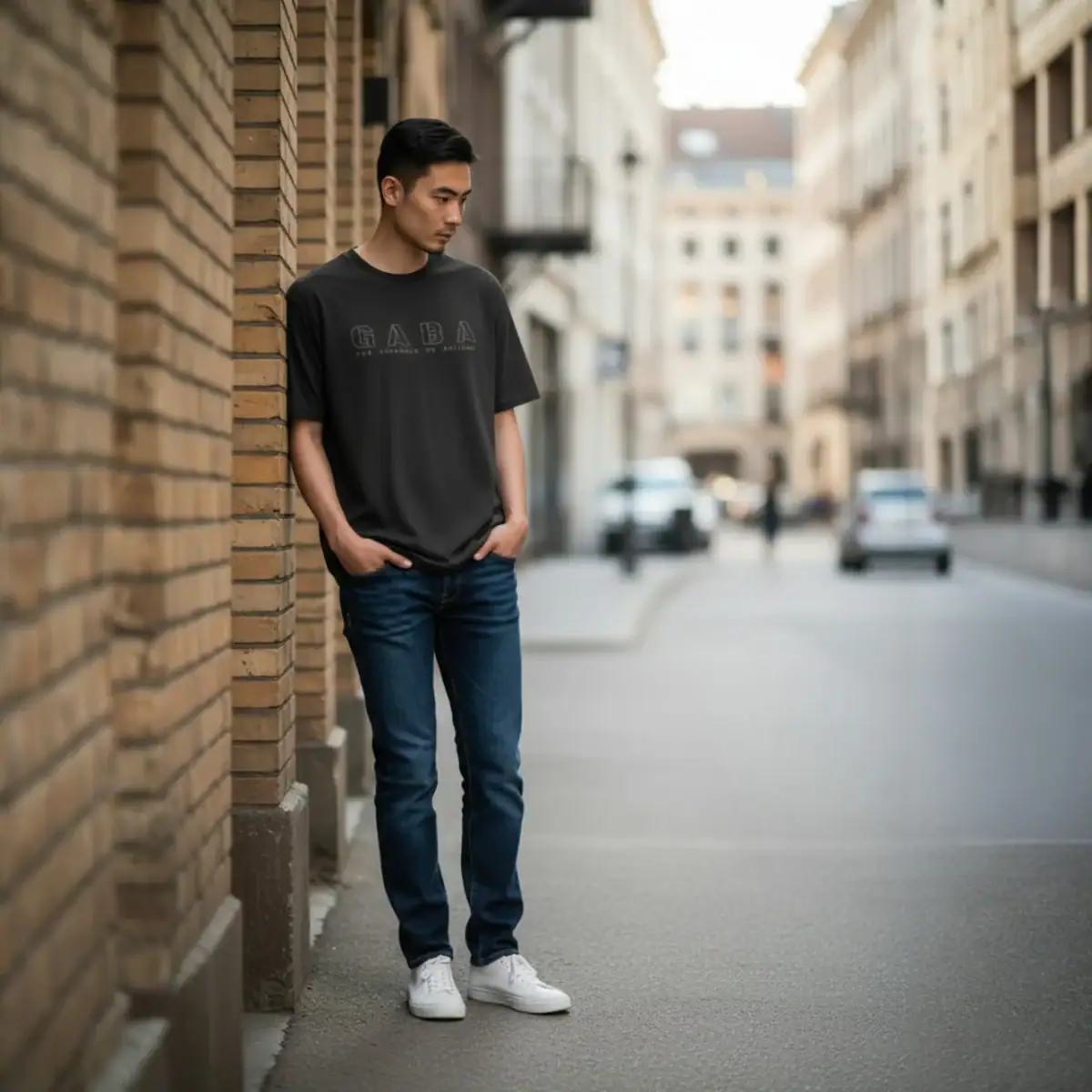 Man wearing GABA soft padded jacket in navy with lime accents, urban street style.