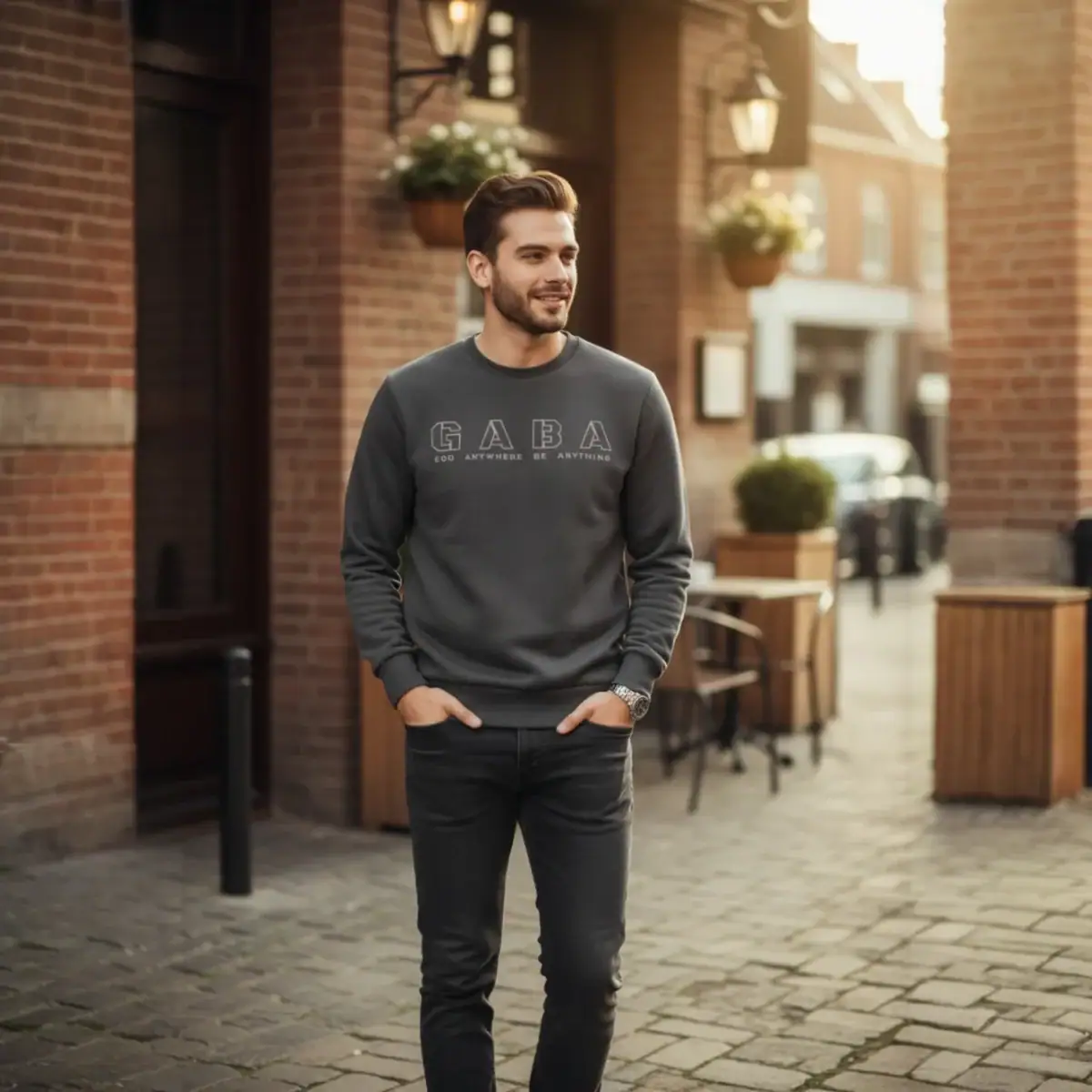 Man wearing navy and lime soft padded jacket outdoors in urban setting.