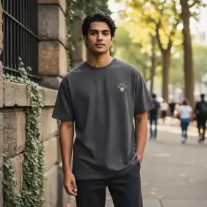 Man wearing GABA x JACK&JONES SMALL MONKEY T-Shirt outdoors.