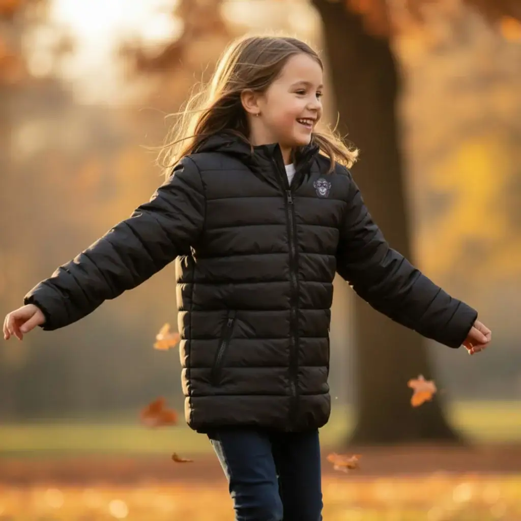 Girl wearing a black padded jacket outdoors in autumn, smiling and playing.