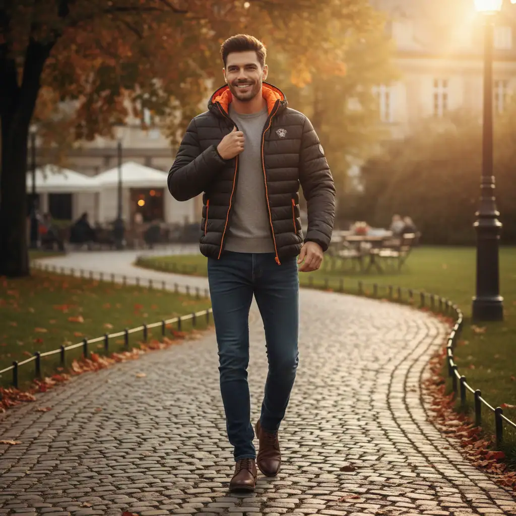 A man walking outdoors in a black padded jacket, perfect for autumn weather, showcasing style and wa.