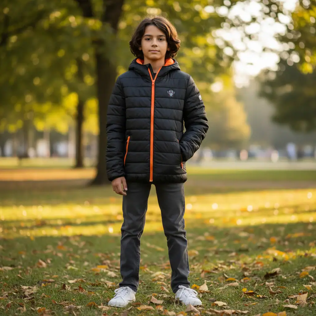 Kids padded jacket in black with orange accents, perfect for outdoor play and cold weather.