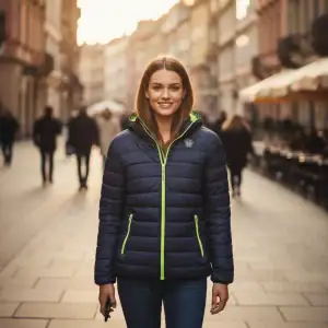Women’s black padded jacket with neon green accents, perfect for winter and outdoor activities.