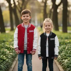 Kids wearing stylish GABA varsity jackets in a park setting.