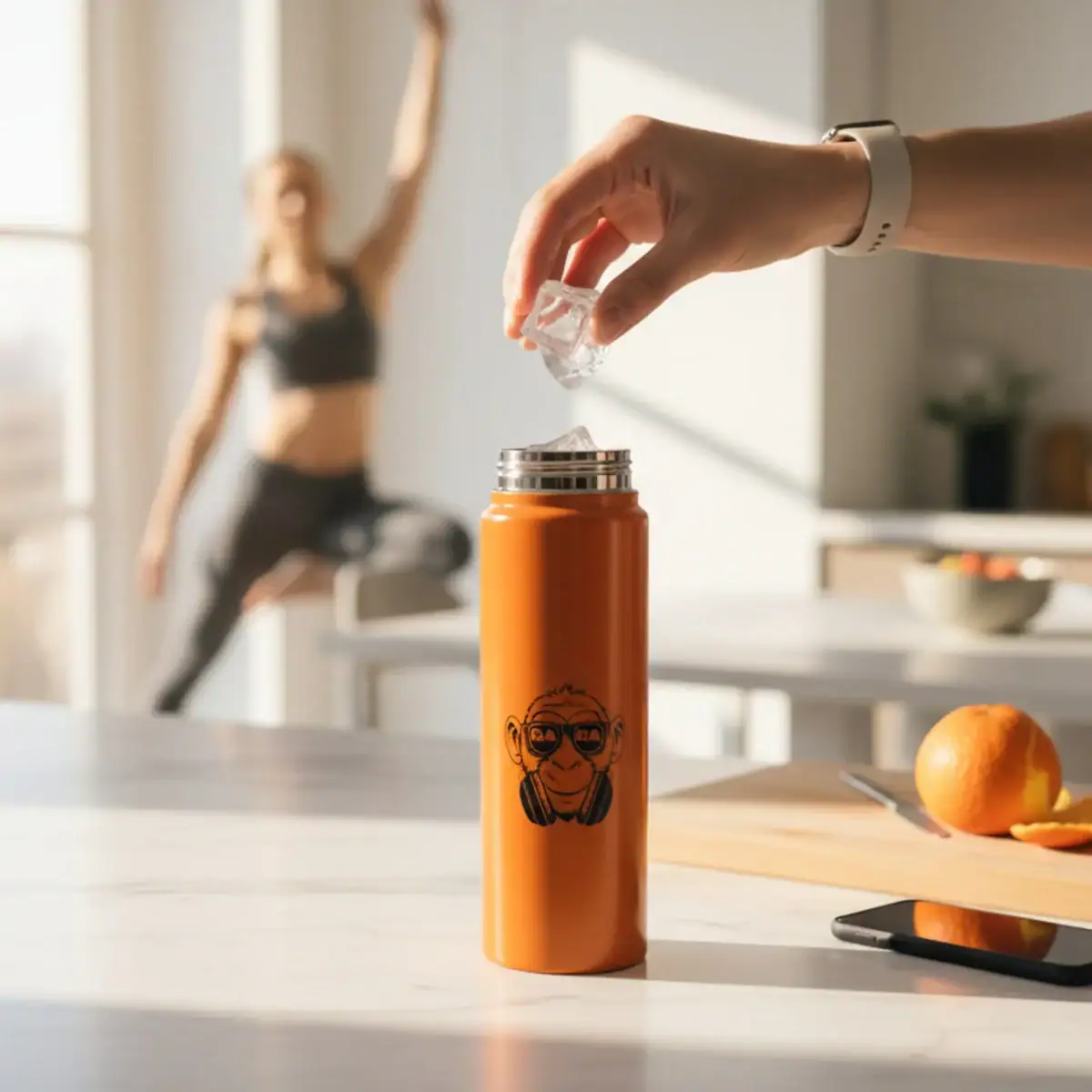 Aluminium water bottle with straw for active lifestyles.