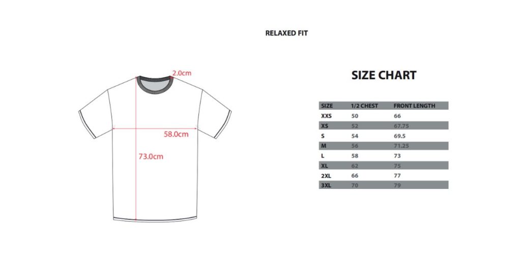 Size guide for GABA Clothing T-shirts, showing measurements for different sizes.