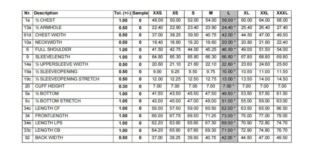 GABA Clothing size chart for comfortable fit and style.