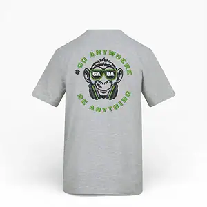 Grey GABA Clothing T-shirt with monkey graphic and "Go Anywhere" slogan in green.