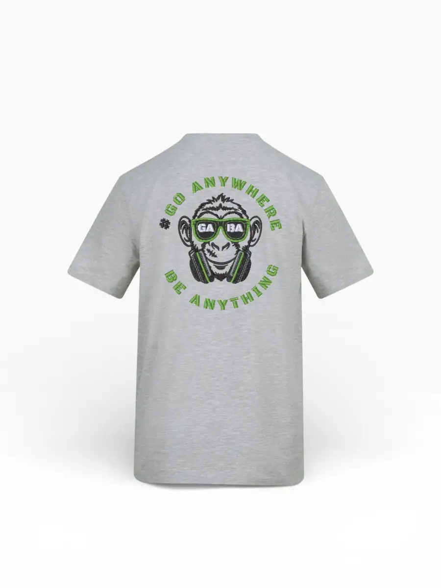 Grey GABA Clothing T-shirt with monkey graphic and "Go Anywhere" slogan in green.