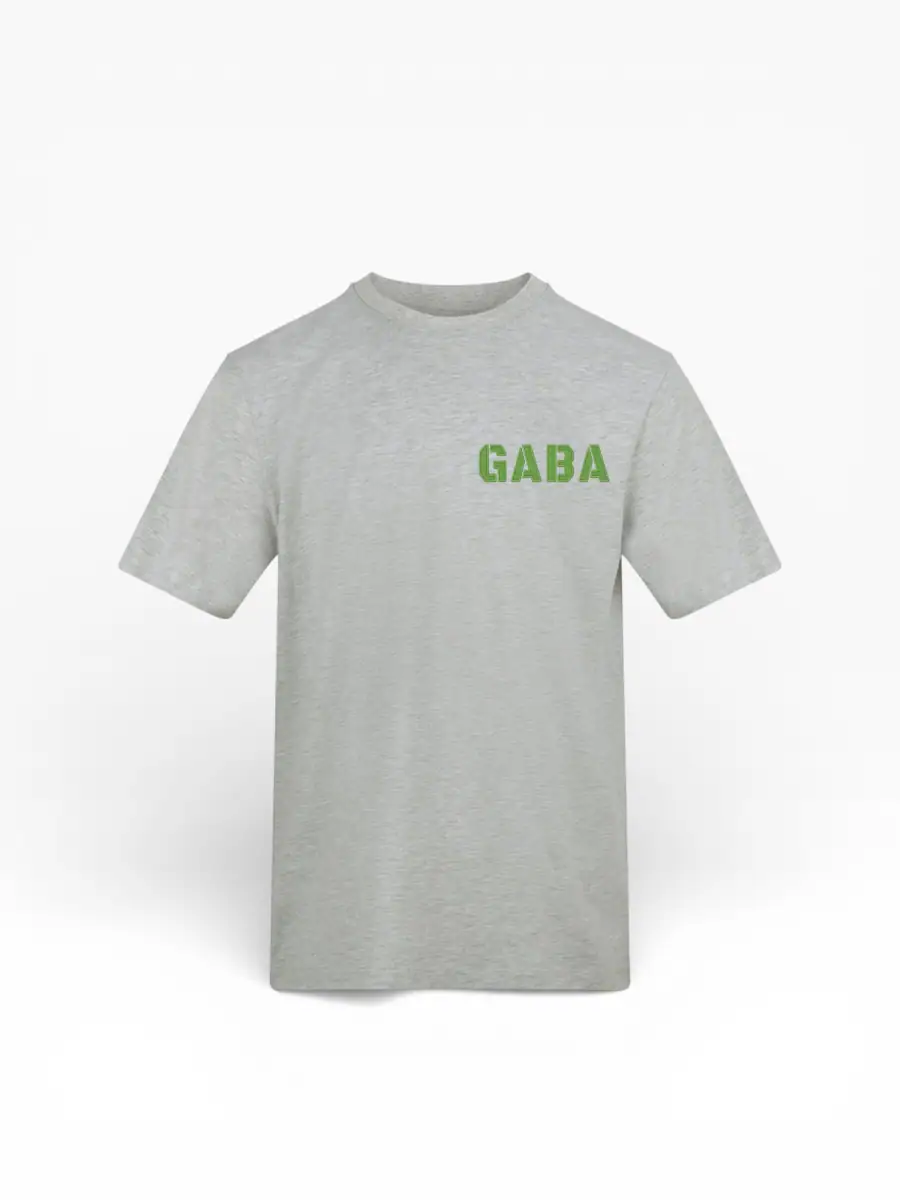 Light grey GABA branded T-shirt with green logo on the chest.