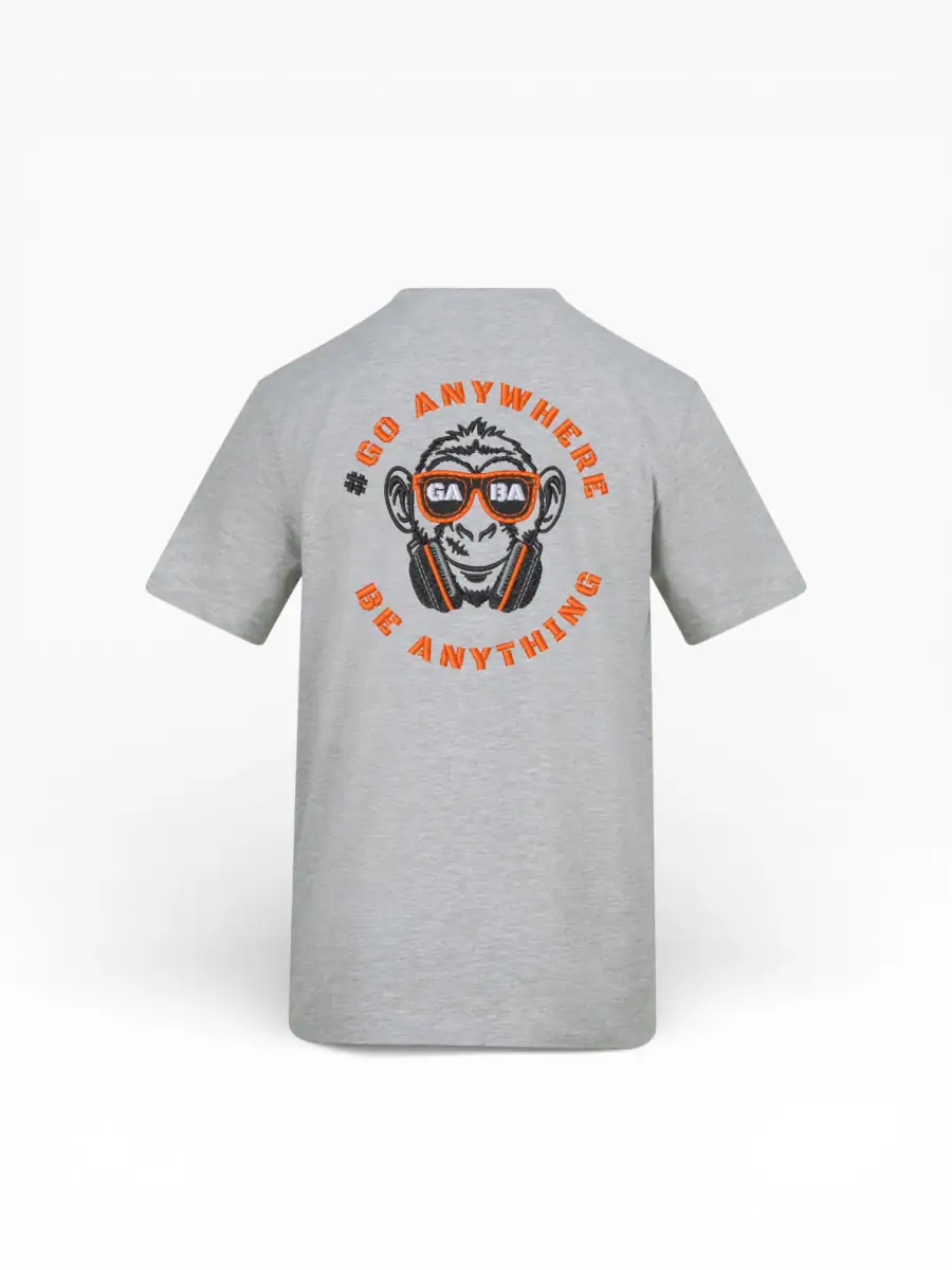 Grey GABA Clothing T-shirt with graphic print and slogan "Go Anywhere Be Anything".