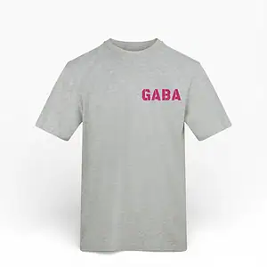 Grey GABA branded T-shirt with pink logo, casual streetwear style.