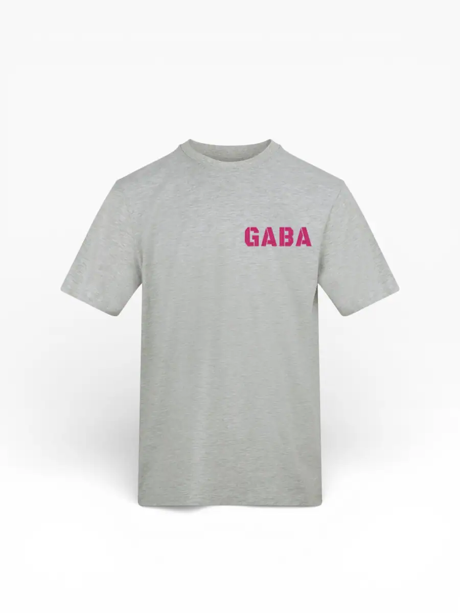 Grey GABA branded T-shirt with pink logo, casual streetwear style.