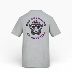 Grey GABA Clothing T-shirt with logo and slogan "Go Anywhere Be Anything" in purple.