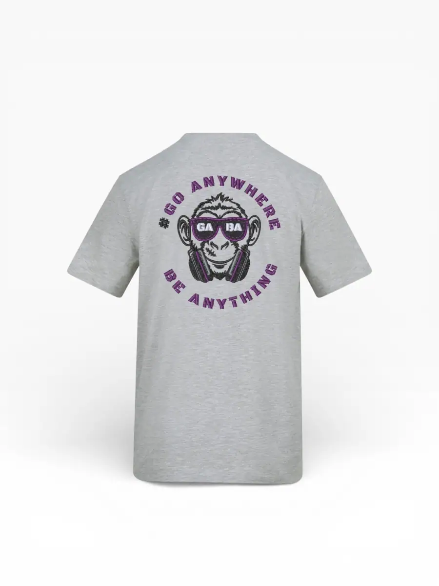 Grey GABA Clothing T-shirt with logo and slogan "Go Anywhere Be Anything" in purple.