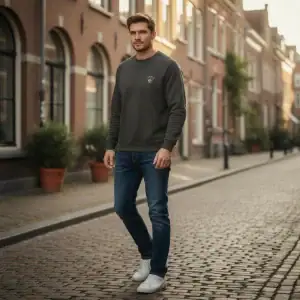 Man wearing GABA Clothing sweatshirt and jeans walking on city street.