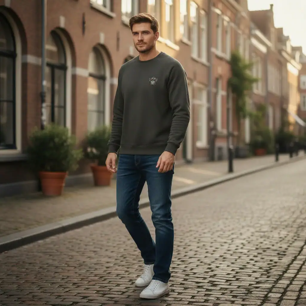 Man wearing GABA Clothing sweatshirt and jeans walking on city street.