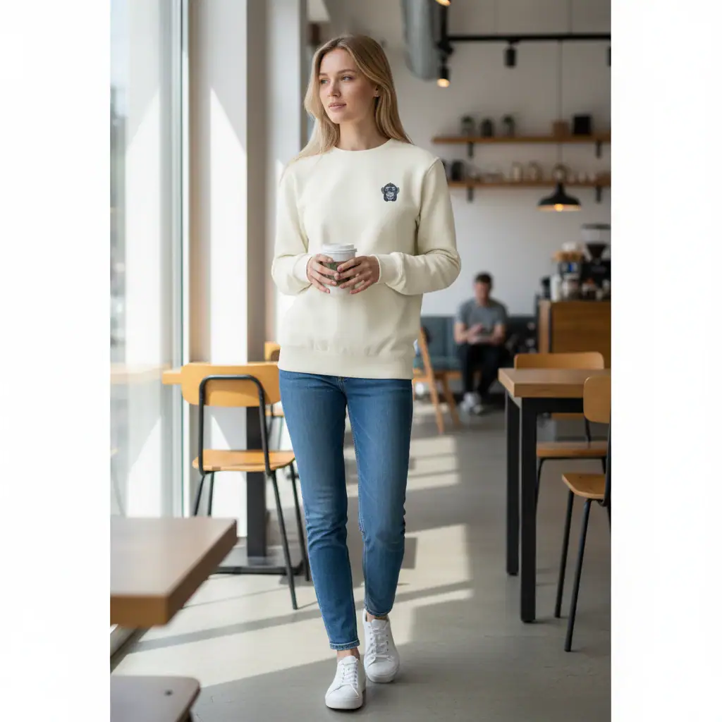 Woman wearing a GABA Clothing cream sweater in a modern cafe setting.