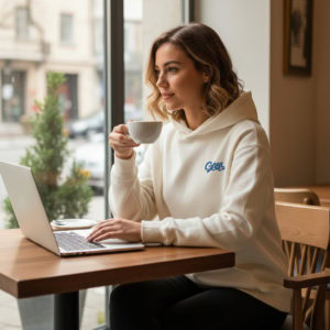 Woman wearing GABA x JACK&JONES hoodie, sitting with coffee at a cafe.