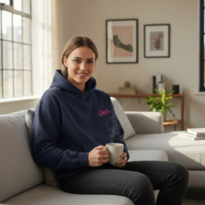 Woman wearing GABA x JACK & JONES hoodie, sitting on sofa with coffee in a modern living room.