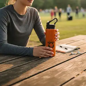 Young woman sitting at a park table with a GABA Clothing water bottle, enjoying a peaceful moment in.