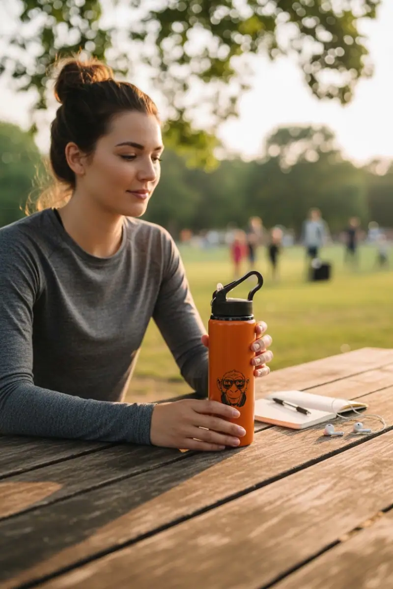 Young woman sitting at a park table with a GABA Clothing water bottle, enjoying a peaceful moment in.