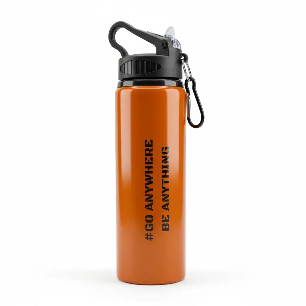 Reusable orange water bottle with motivational quote.